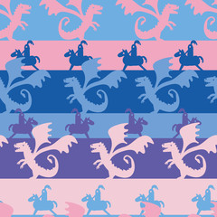 Fototapeta premium A seamless vector fairytale striped pattern with dragons and knights in pinks and blues. Surface print design.