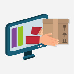 hand with cardboard come out from monitor for online delivery service concept vector illustration
