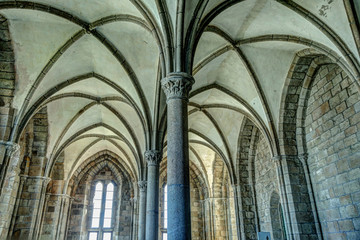 Architectural details of the interior of the abbey at Mt St Michel