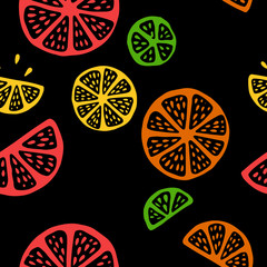 Tropical seamless pattern with yellow citrus fruits. Fruit repeated background. Vector bright print for fabric or wallpaper. Black background