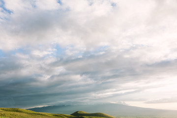 View of Hualalai mountain and Kohala ranch fields on Hawaii Island