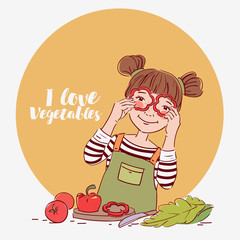 Cute girl playing with vegetables. Happy kid having fun making salad in the kitchen, holding pepper slices as glasses