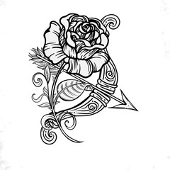 beautiful monochrome black and white rose flover isolated on background. Hand-drawn. design tattoo, greeting card and invitation of the wedding,birthday,Valentine's Day,and other holiday