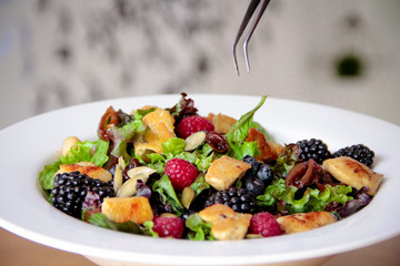 Close-up of food stylist's hands delicately arranging a gourmet salad in a bowl, captured during a high-end culinary production.