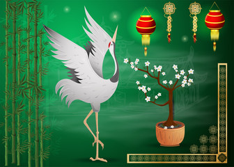 dancing crane near bonsai tree, coniferous in a pot next to Chinese vases among thickets of bamboo