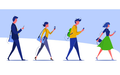 Group of walking people checking smartphones. Male and female cartoon characters going to work and texting. Vector illustration for banner, postcard, poster