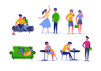 Daily activity of young couples. Male and female cartoon characters spending time together at home and outdoors. Vector illustration for banner, poster , leaflet