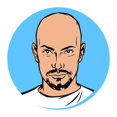 Illustration of a bald man with a beard. Vector. Fashionable brutal alpha male. Mascot for a beauty salon, studio. Modern male image.