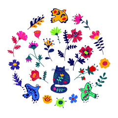 Obraz premium Decorative elements. Vector. Cute kitty, birds and beautiful flowers. Doodle flat style. Pattern for packaging and fabric. Drawing is isolated on a white background.