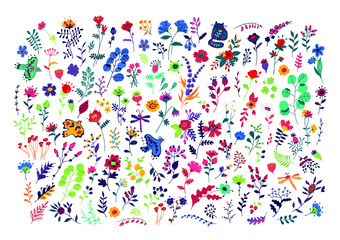 Fototapeta na wymiar Large set of pattern of flowers. Vector. Decorative floral elements for a flower shop. Carpet from plants. Botany and floristry. Ornament for fabric. Summer and spring grass.