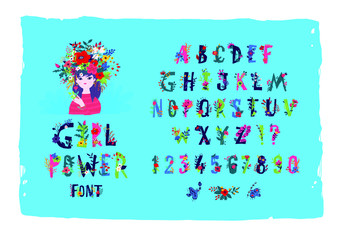 English alphabet with flowers and plants. Vector. Font Girl power. Girl in a wreath, the image of summer and spring. Decorative items for the store, cosmetics and women's products. Health and beauty. 