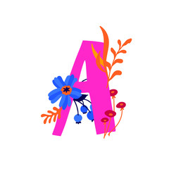 Latin letter A in flowers and plants. Vector. Letter in decorative elements for inscriptions. Company logo. Poster or monogram.