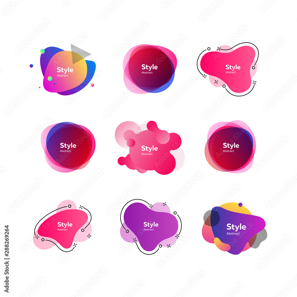 Poster Bright multi layer irregular shapes set. Multicolored abstract figures and lines with sample text. Trendy minimal templates for presentations, flyers, banners and web pages. Vector illustration