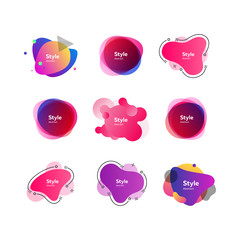 Bright multi layer irregular shapes set. Multicolored abstract figures and lines with sample text. Trendy minimal templates for presentations, flyers, banners and web pages. Vector illustration