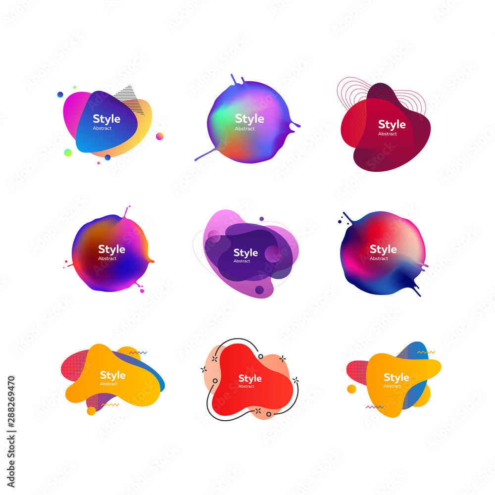Poster multicolored abstract stains set. modern fluid multi layer compositions with sample text. trendy min