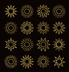 Golden glitter sun icons with different rays. Gold summer symbols with foil mosaic texture. Thin line sunlight signs. Isolated objects. Vector illustration