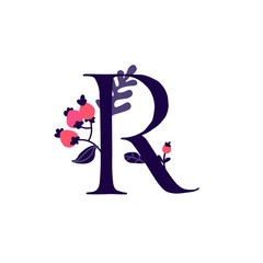 Latin letter R in flowers and plants.  Letter in decorative elements for inscriptions. Company logo. Poster or monogram.