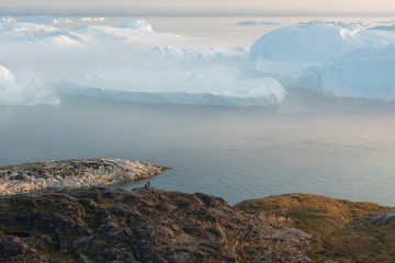 Stranded icebergs in the fog at the mouth of the Icefjord near Ilulissat. Nature and landscapes of Greenland. Travel on the vessel among ices. Phenomenon of global warming. Coast in the sunset.