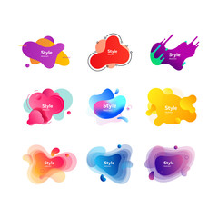 Neon liquid abstract elements set. Colorful dynamic shapes with sample text. Trendy minimal templates for presentations, banners, flyers and logos. Vector illustration