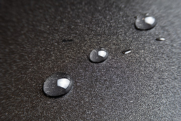 Water drops on dark plastic surface background. copy space.