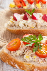 Closeup of crusty baguette with mackerel or tuna fish paste, healthy nutrition