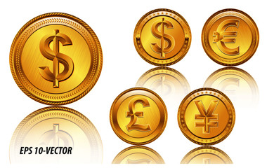 famous world currencies in shadow golden coin concept. easy to modify