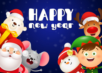 Happy New Year lettering, polar bear, Santa Claus, elf, rat. New Year Day greeting card. Typed text, calligraphy. For leaflets, brochures, invitations, posters or banners.