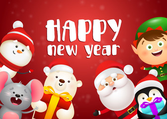 Happy New Year lettering, rat, snowman, penguin, Santa Claus. New Year Day greeting card. Typed text, calligraphy. For leaflets, brochures, invitations, posters or banners.