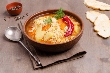 Thick vegetable soup with pasta