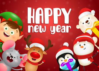 Fototapeta na wymiar Happy New Year lettering, mouse, reindeer, snowman, penguin. New Year Day greeting card. Typed text, calligraphy. For leaflets, brochures, invitations, posters or banners.