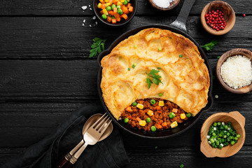 Shepherd's pie, traditional British dish with minced meat, vegetables and mashed potatoes.