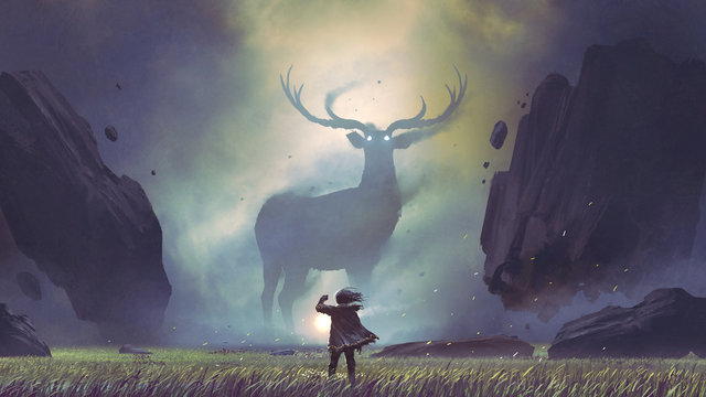 Fototapeta Mężczyzna z magiczną latarnią naprzeciw gigantycznego jelenia w tajemniczej dolinie fantasy na ścianę