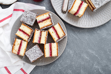 Australian lamington cake with  raspberry jam and chocolate sauce sprinkled with coconut flakes.