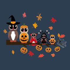Owls in halloween costumes illustration