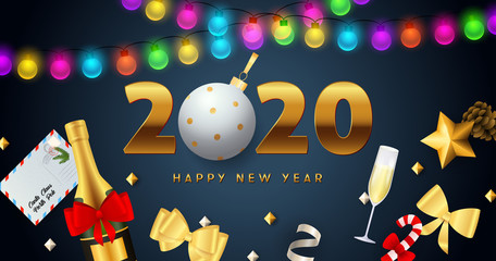 Happy New Year 2020 lettering with lights garlands, champagne bottle. New Year Day greeting card. Typed text, calligraphy. For leaflets, brochures, invitations, posters or banners.