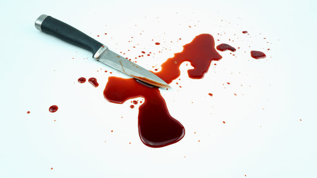 Drops of blood from a murder knife on white background, Front view Blank for design..