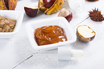 medicine cream, ground conkers tincture with alcohol and sliced seeds from horse chestnuts, on white wooden table