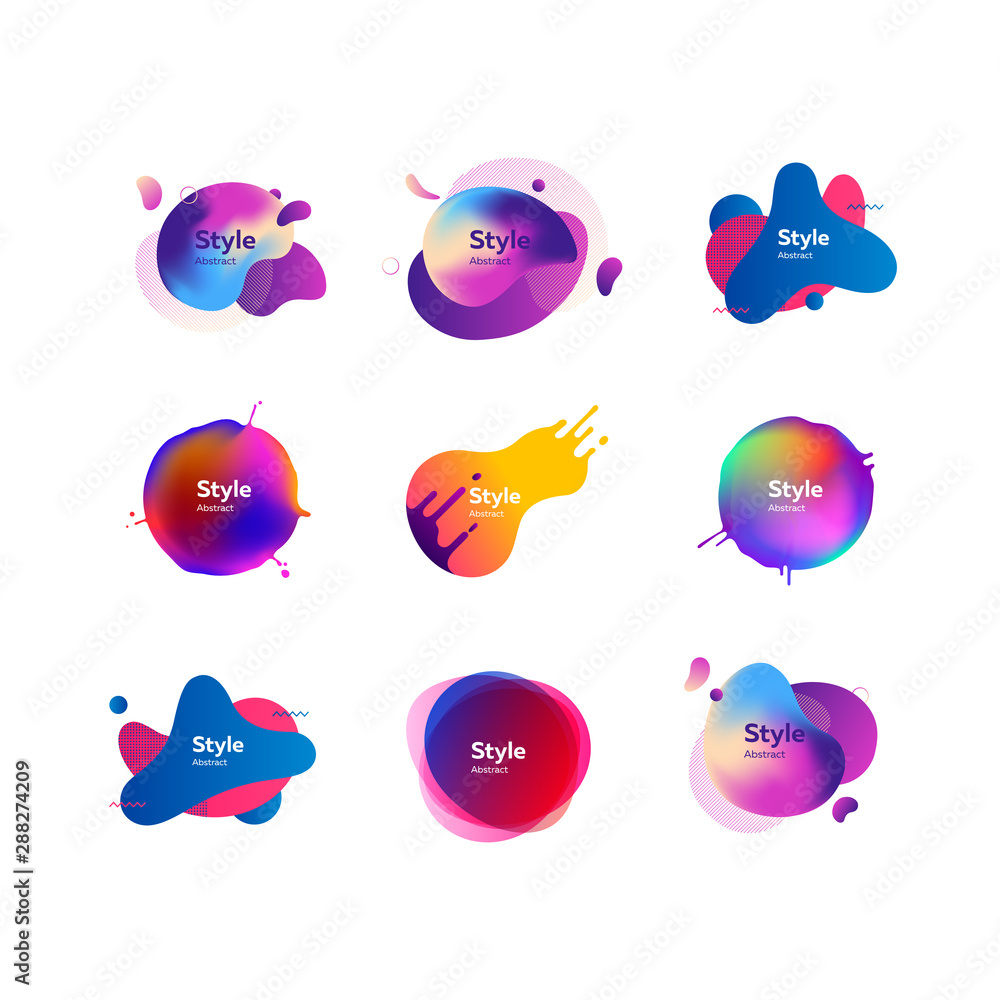 Poster set of creative multi-colored bubble-shaped objects. dynamical colored forms and line. gradient bann