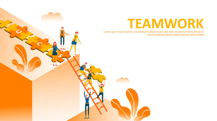 Teamwork of people connecting puzzle elements with climbing stair to arrange success text . Flat people help each other on jigsaw to successful goal. Symbol of cooperation, collaboration. - Vector