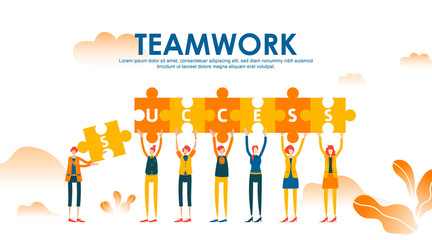 Business concept with puzzle. Teamwork metaphor. Little people raise their hand holding jigsaw to connect each with success text. Symbol of financial, cooperation, collaboration, partnership. - Vector