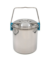 A stainless steel pot on a white background