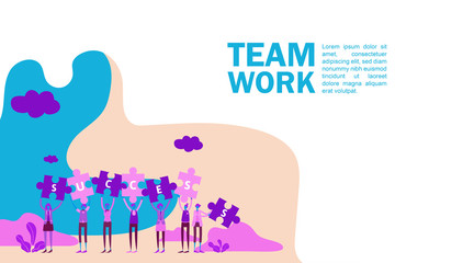 Business concept lift up puzzle. Teamwork metaphor. Little people raise their hand holding jigsaw with success text and celebrate. Symbol of cooperation, collaboration, finance, partnership. - Vector