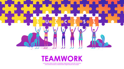 Fototapeta premium Business teamwork concept completing the puzzle. Little people raise their hand holding jigsaw to connect each with success text. Symbol of financial, cooperation, collaboration, partnership. - Vector
