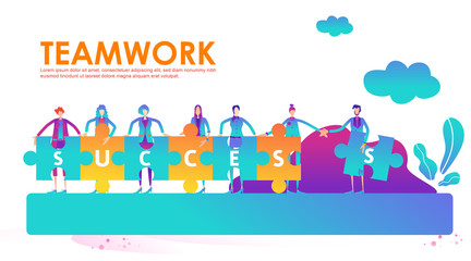 Obraz na płótnie Canvas Teamwork concept arrange success text puzzle. Flat people wave hand each other on jigsaw to successful goal. Symbol of financial, cooperation, collaboration, partnership, mutual help. - Vector