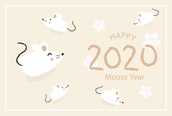 Fototapeta na wymiar 2020 mouse year, Japanese new year card design template. Hand drawn mouse illustrations