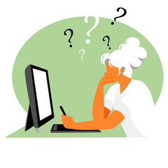 she thought at the computer. woman designer. the girl works on the computer