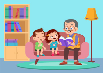happy kids hear story from grandfather vector