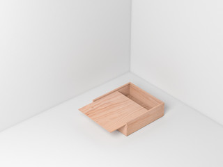 Open Wooden plywood box Mockup on white floor