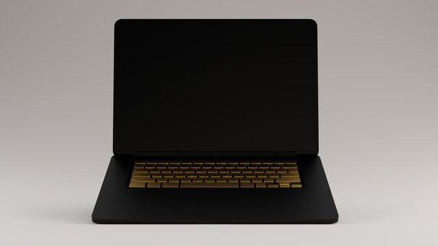 Black with Gold Keys Laptop Raised Angle Front View 3d illustration 3d render