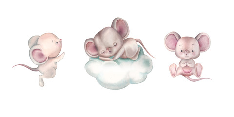 Watercolor illustration of a little mouse on an isolated background. Cute character for postcard, poster or calendar.